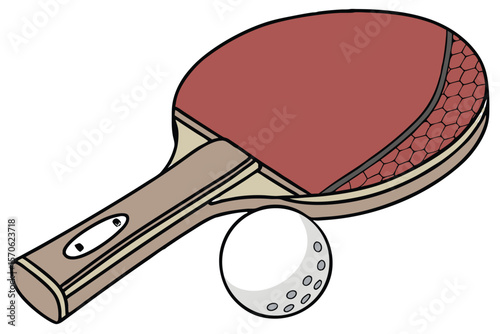 table tennis racket, white table tennis ball, red patterned ping pong paddle, realistic, detailed, high quality