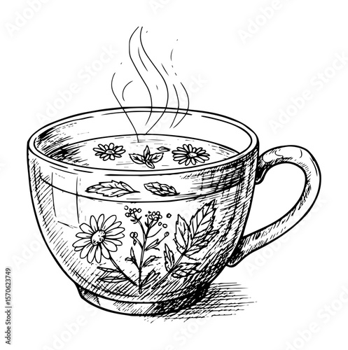 glass cup of hot herbal tea with flowers sketch