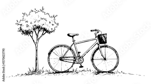 bicycle with basket parked next to a tree sketch