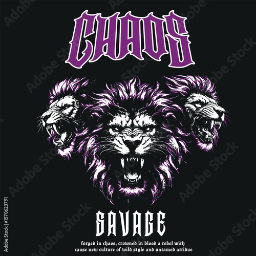 This intense illustration features a fierce three-headed lion with bold purple accents, symbolizing raw power, chaos, and rebellion. Perfect for streetwear designs, tattoo art, or bold branding.