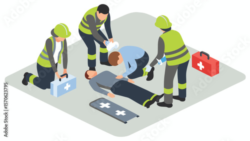 Emergency medical team assisting an injured man with first aid on a stretcher and medical supplies