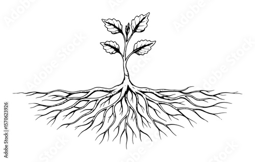 young plant with extensive roots vector sketch illustration