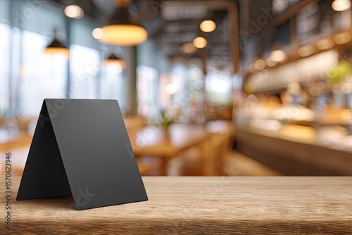 A blank black tabletop tent card stands on a wooden surface, with a blurred cafe background showing warm lighting and tables