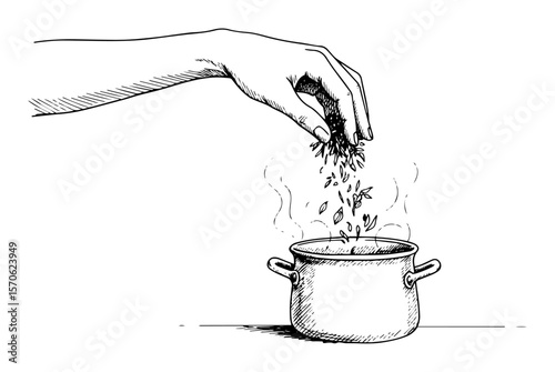 hand sprinkling dried herbs into boiling pot vector sketch illustration