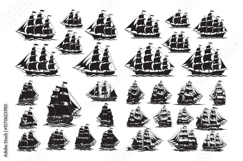 Vintage Sailing Ship Silhouette Set Black And White Vector
