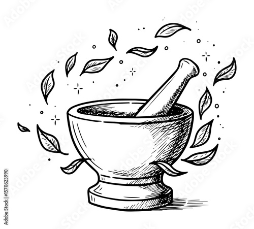 mortar and pestle with flying leaves vector sketch illustration