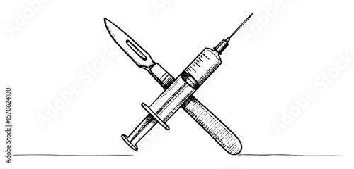 crossed scalpel and syringe medical symbol vector sketch