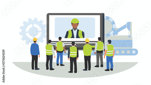 Group of construction workers watching a video presentation on a large screen display panel
