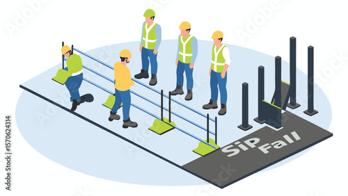 Workers installing safety railing system with fall protection on construction site illustration