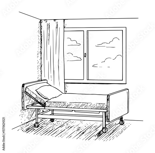 empty hospital bed in a room by the window sketch