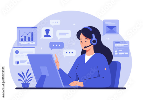 A vector illustration depicts a customer service representative with a headset, assisting clients, surrounded by digital interfaces and communication icons, showcasing online support.