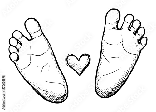 newborn baby feet with a heart hand drawn sketch