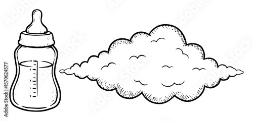 baby bottle and cloud vector sketch illustration