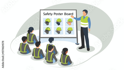 Instructor presenting safety poster about proper handling of helmets to a group of workers in safety vests