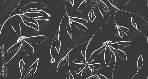 Line Art Floral Seamless Pattern Hand Drawn Style. Abstract Flowers Seamless Background. Flower Motif Batik Design. White Flowers Silhouette on Black Background. Monochrome Vector illustration.