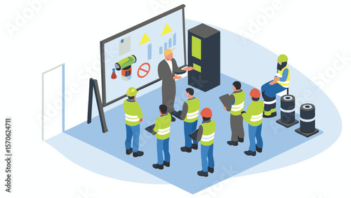 Instructor presenting safety guidelines to a group of construction workers in a training session room