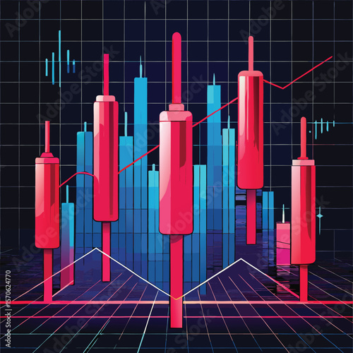 Abstract financial market candlestick chart with rising trend line silhouette