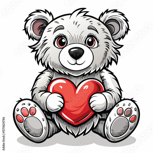 Cute white teddy bear holding a red heart with love silhouette