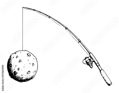 fishing for the moon with a fishing rod surreal concept sketch
