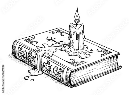 magic spell book with melting candle fantasy vector sketch