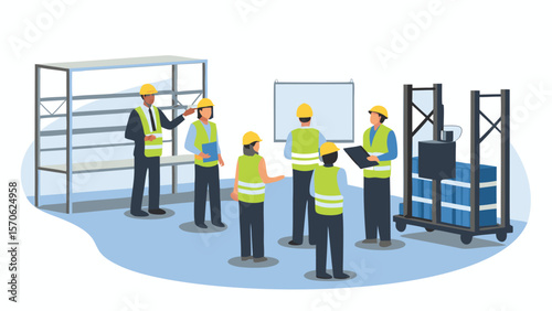 Group of warehouse workers in safety vests and hard hats in a warehouse discussing inventory management