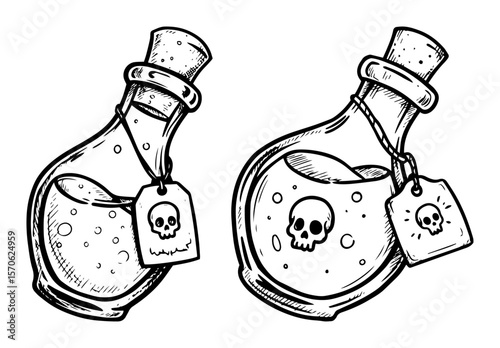 magic poison potion bottles with skull label vector sketch set