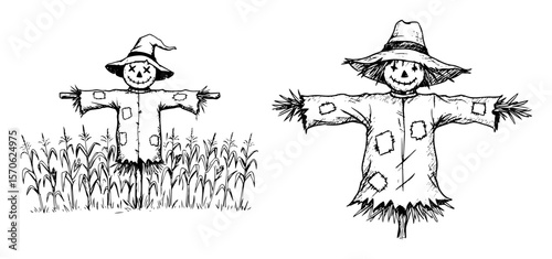 halloween scarecrows in cornfield hand drawn vector sketch set