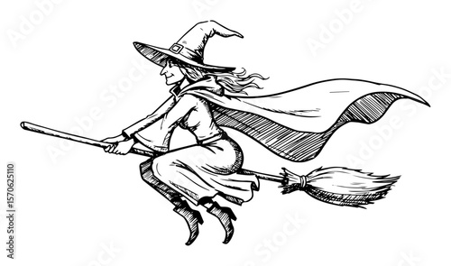 young witch flying on a broomstick sketch illustration