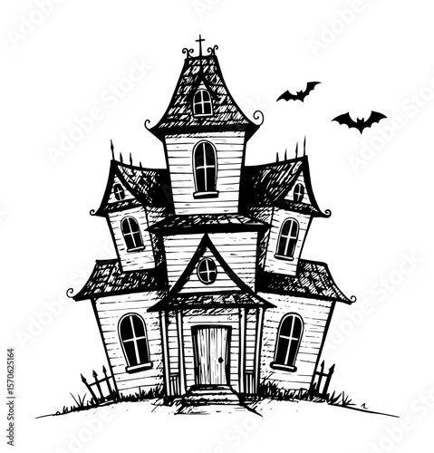 scary haunted house for halloween hand drawn sketch