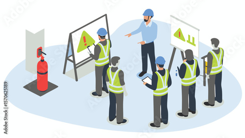 Isometric view of safety training session with instructor and construction workers and fire extinguisher