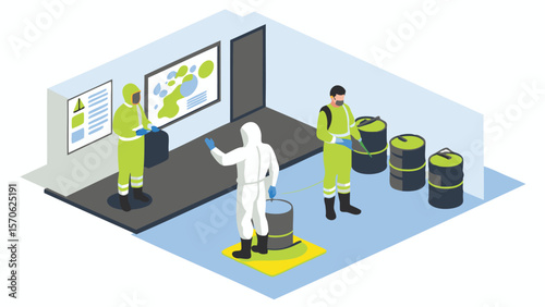 Isometric view of workers in hazmat suits handling barrels in a controlled environment laboratory space