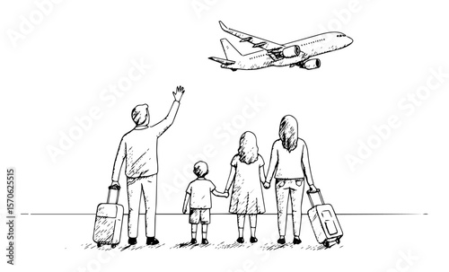 family waving at departing airplane sketch travel concept