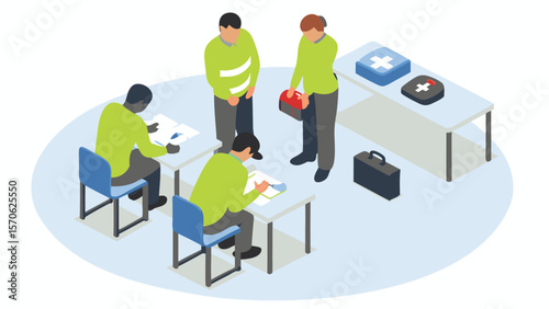 Isometric illustration of students taking an exam with medical personnel present and first aid kits