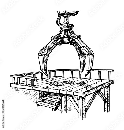 industrial robotic claw over wooden platform sketch automation concept