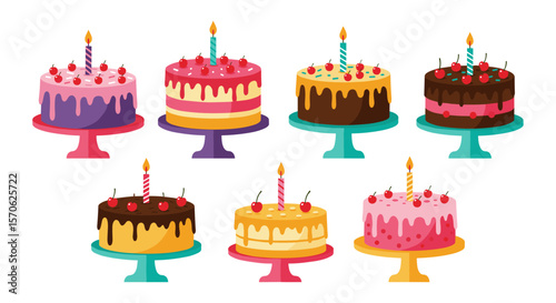 Eight delicious birthday cakes with cherries and candles, illustrated in a vibrant flat style, perfect for invitations, cards, and baking blogs.