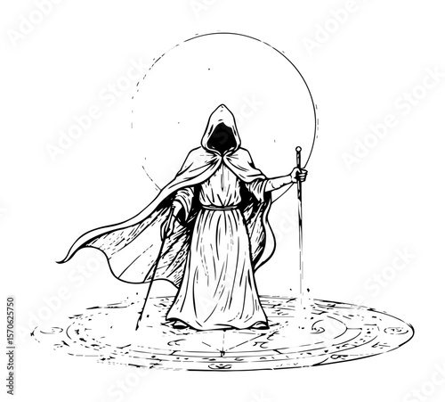 fantasy wizard in magic circle with staff sketch