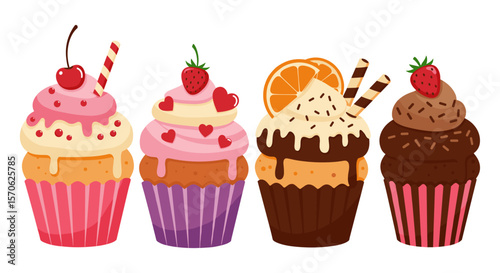 A colorful illustration features four delicious cupcakes, each adorned with unique toppings like cherries, strawberries, and orange slices, perfect for dessert.