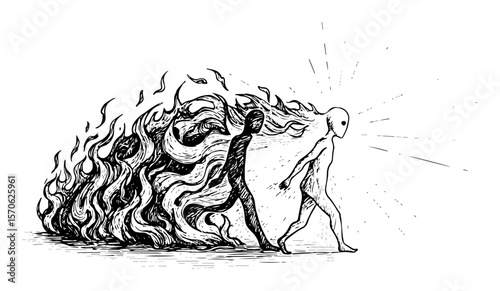 human figure with burning fire aura line art