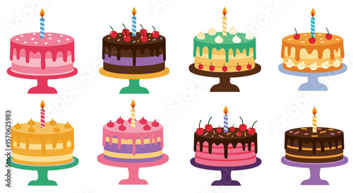 A collection of eight colorful, decorative birthday cakes with candles and frosting, presented on cake stands against a white background.