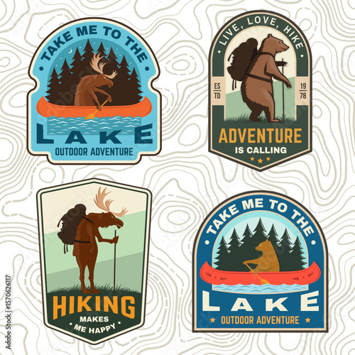 Take me to the lake and hiking makes me happy camping quote. Vector. Patches design with hiking moose and bear. Outdoor adventure.