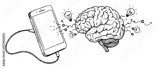 smartphone sending notifications to human brain vector sketch illustration