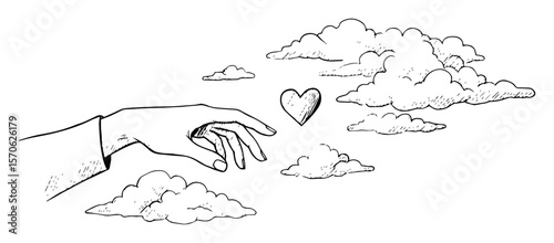 hand reaching for heart in clouds sketch love and dream concept
