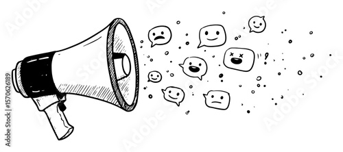 megaphone with social media emoticons feedback sketch concept