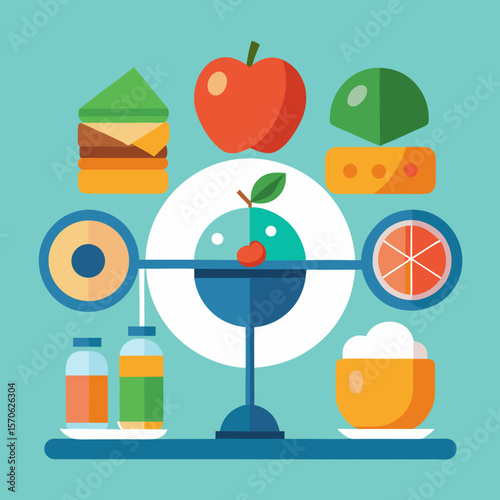 Illustration of balanced scale with healthy and unhealthy food items