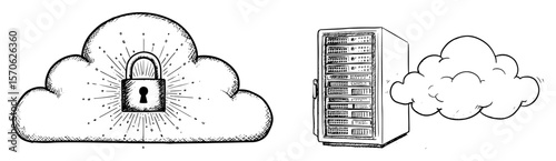 secure cloud server and data storage technology icon set sketch