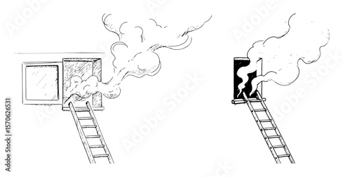 fire escape from burning building with ladder sketch