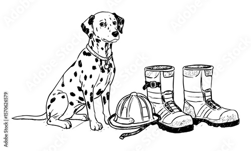 firefighter dalmatian dog with helmet and boots sketch