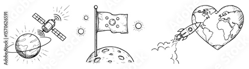 space exploration doodle set satellite rocket and moon sketch