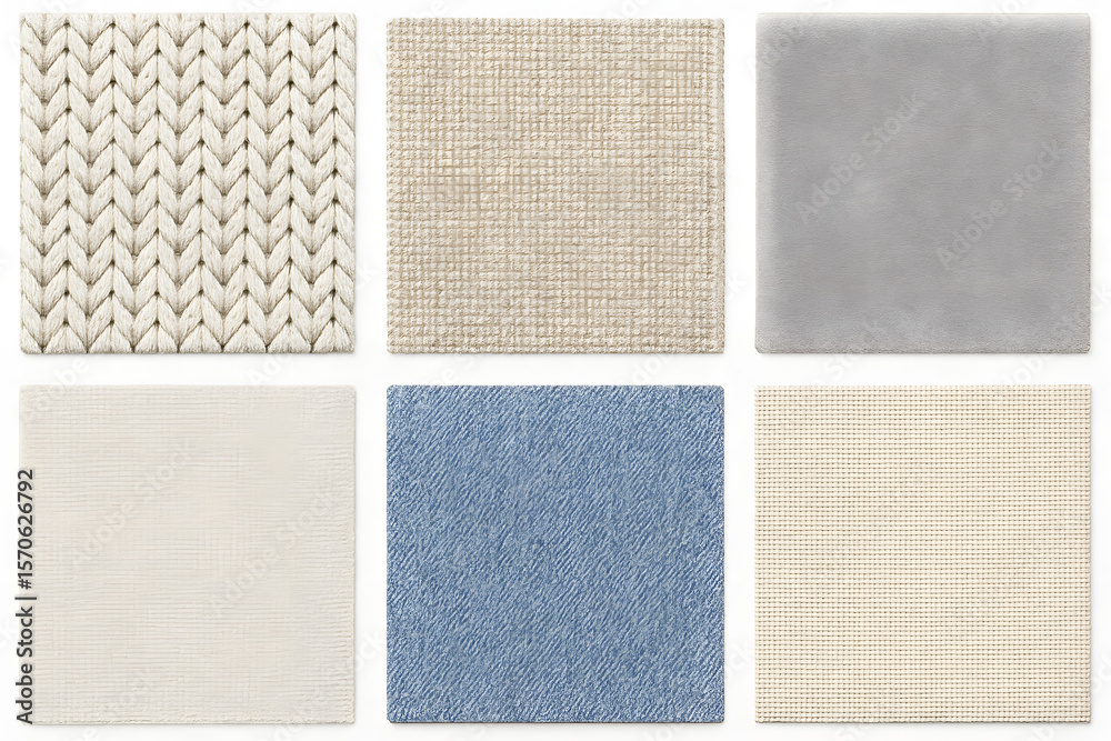 Fototapeta premium Texture Collection: Six diverse fabric swatches showcasing various weaves and colors, including knit, linen, and velvet textures, ideal for design inspiration or textile projects. 