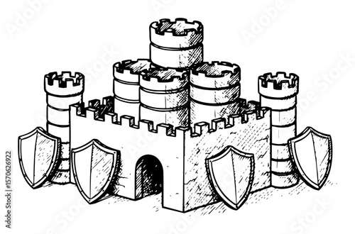 fortified sand castle with shields sketch defense concept